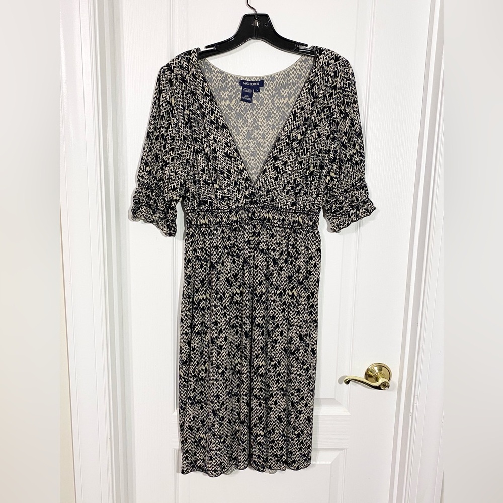 Y2K Max Edition Smocked Surplice Deep V Mesh Dress Black Tan Large